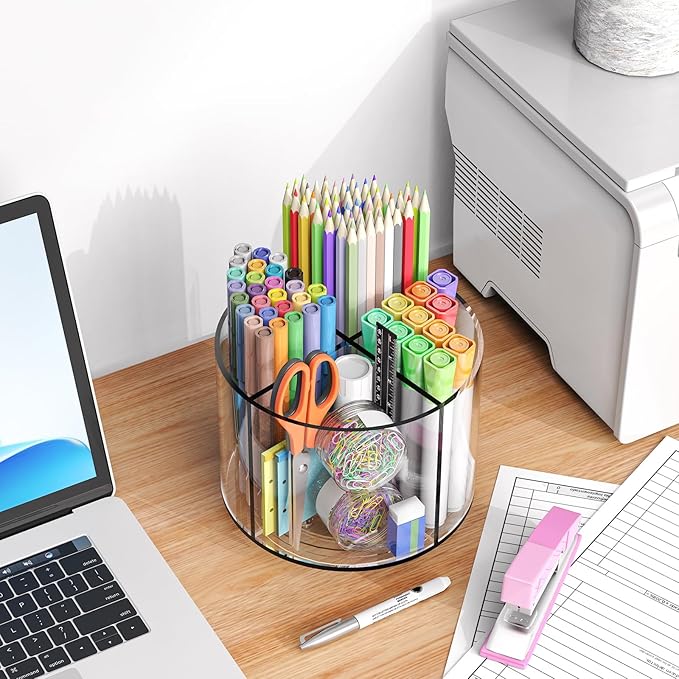 Small Pencil Organizer for Desk Acrylic 4 Compartments, Tiny Rotating Art Supply Organizer Kids, Spinning Round Marker Small Clear Desktop Caddy Swivel Office Pen Pencil Holder