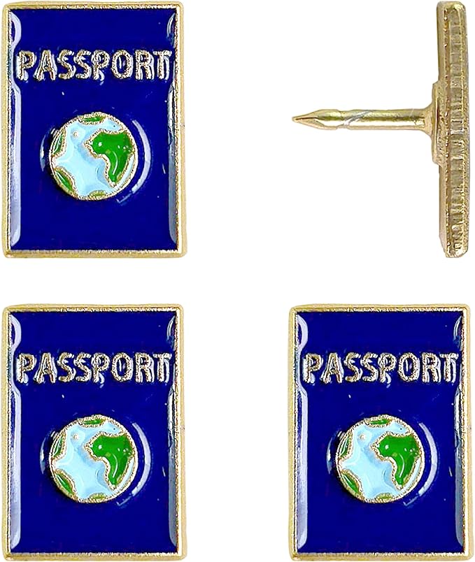 Passport Push Pins - Metal Passport Map Pins - For Cork Board, Maps, or Lapel Pin Use - Designed in USA - Set of 4