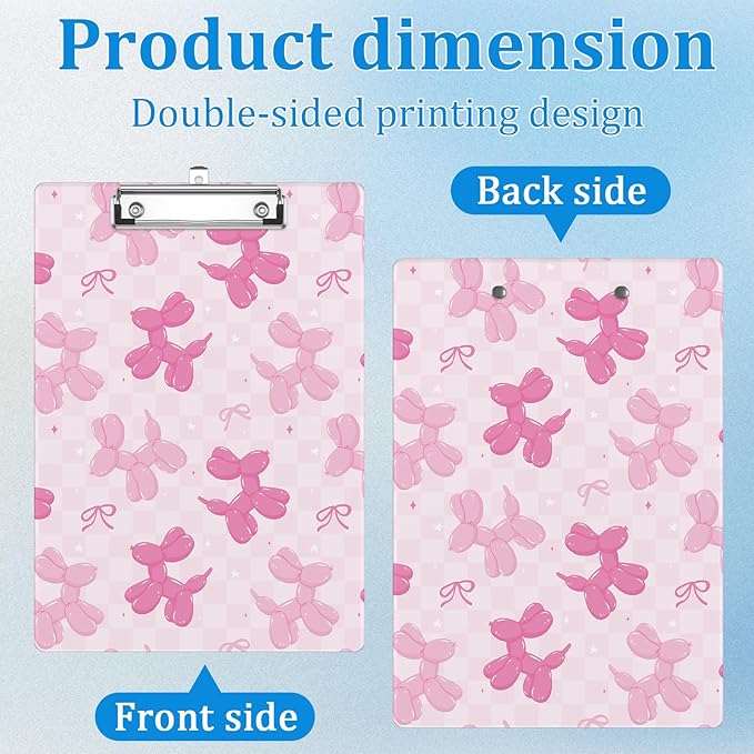 Pink Balloon Dog Bow Clipboard Decorative Clip Board with Metal Clip A4 Standard Size 12.5" X 8.7" for Teacher Students Nurses Office
