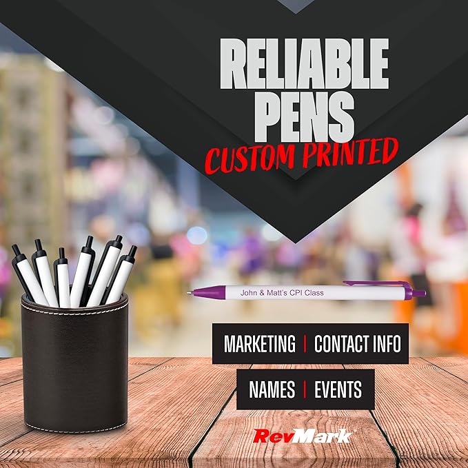 RevMark Personalized Ballpoint Pen, Custom Printed Name, Business or Event Information, Timeless Advertising, USA Made Pens, Promotional Marketing, Smooth Black Ink, Bulk Pack (Purple,500 Ct)