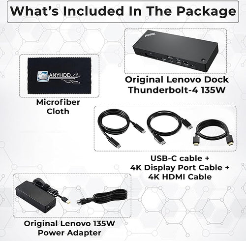 40B00135US Lenovo Thinkpad Docking Station USB C - 1 Year Warranty, Supports 4K Display, Thunderbolt 4 Dock with 135W Adapter, HDMI, DisplayPort, Thunderbolt Cables & Cloth - Lenovo Docking Station