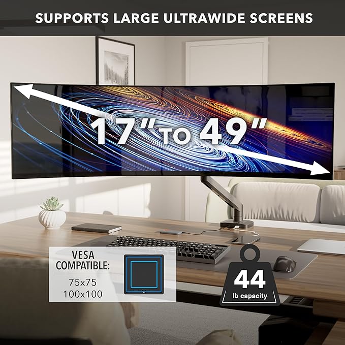 Mount-It! Proflex Series Heavy-Duty Monitor Desk Mount, Fits 17–49” Ultrawide Screens, Full Motion Gas Spring Arm, 44 lbs Capacity, USB-C & USB 3.0 Ports, VESA 75/100, Clamp or Grommet Base