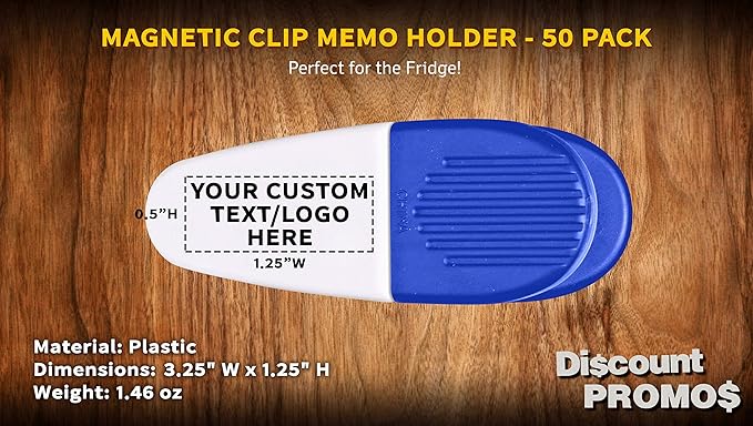 50 Magnetic Memo Holders Set - Customizable Text, Logo - Large Clip, Plastic - White Blue