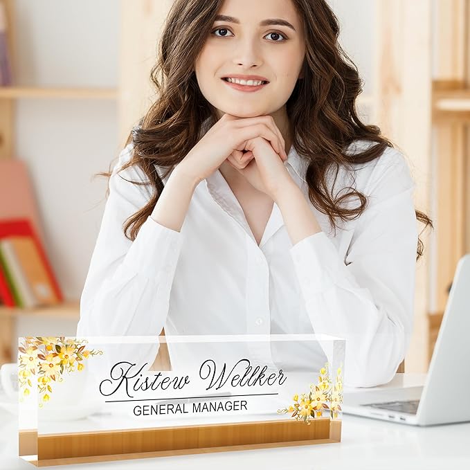 Custom Desk Name Plate Personalized, Acrylic Name Plates for Desk, Office Decor Personalized Gifts for Teacher Coworkers Boss Nurse (Golden Autumn)