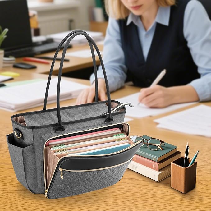 LUXJA Teacher Tote Bag with Accordion File Pocket, Teacher Bag for Women with 15.6 Inch Laptop Compartment, Gray