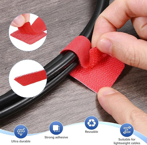 40-Pack Hook and Loop Cable Ties, 3.5 x 1.1 Inch Adjustable Self-Adhesive Cord Organizer for Desk/Home/Wall/Office Essentials, Cable Management Under Desk [Red]