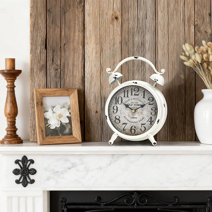 Vintage White Desk Clock with Distressed Finish, Rustic Farmhouse Table Clock, Silent Non-Ticking Mantel Clock for Bedroom, Living Room, or Shelf, Battery Operated