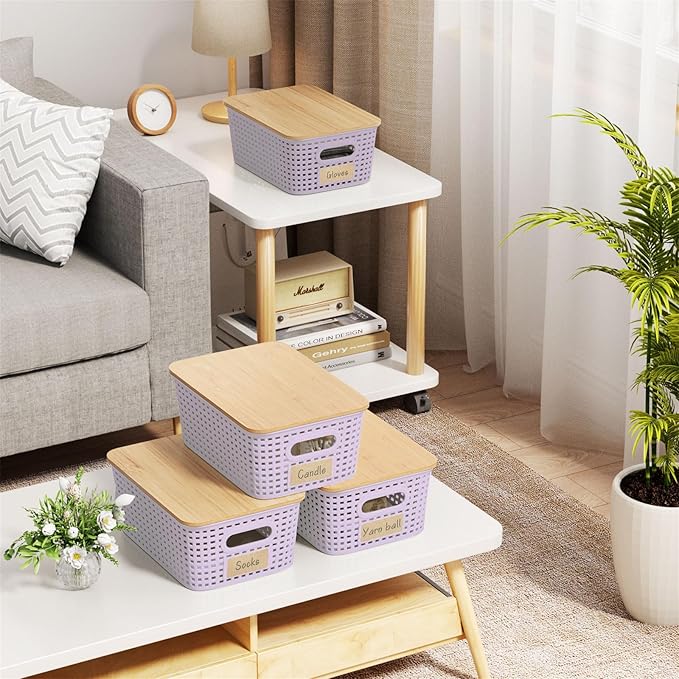 Plastic Storage Bins with Bamboo Lid - Pantry Storage Baskets with Lid - Stackable Container with Lable for Organizing Small Storage Box for Shelves Office Cabinet Drawer Closet 9x7x4 In - Purple 6Pcs