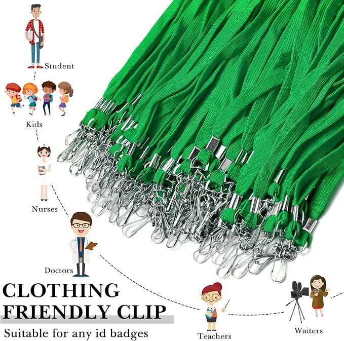 Epakh 100 Pcs Lanyards Bulk for ID Badges Green Flat Badge Neck Lanyards with Swivel J Hook Clip for Student Teacher