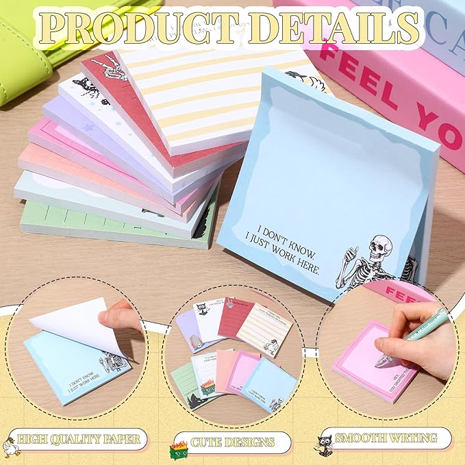 9 Pads Cute Sticky Notes Cartoon Self Stick Notepads 3x3 Inches Notes Adhesive Memo Pad Office Decor Gifts for Students School Teacher Office Meeting (Funny)