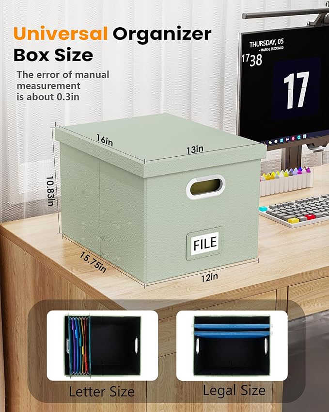2 Pack File Storage Organizer, Portable File Box with Lid, Fit for Letter/Legal File Folder Storage, Grey-green (Leather) Box