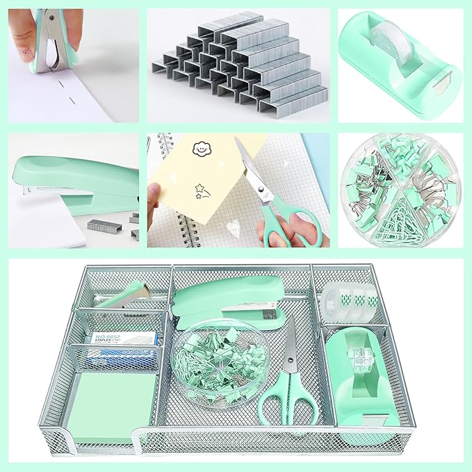 Green Office Desk Accessories, Green Office Supplies Set, Desk Drawer Organizer,Stapler and Tape Dispenser Set,Tape,Staple Remover, Staples, Paper Clips, Scissor and Sticky Note