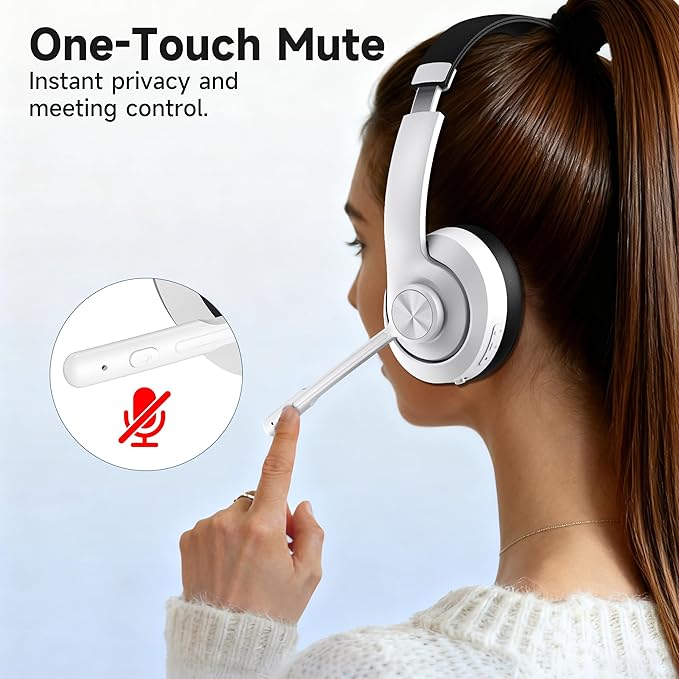 AOC Wireless Headset with Mic for Work with Noise Cancelling Mic for Clear Calls, 30H Playtime PC Bluetooth Headphones and Multipoint Connect to Laptop Computer and Mobile, Wired or USB Dongle- White