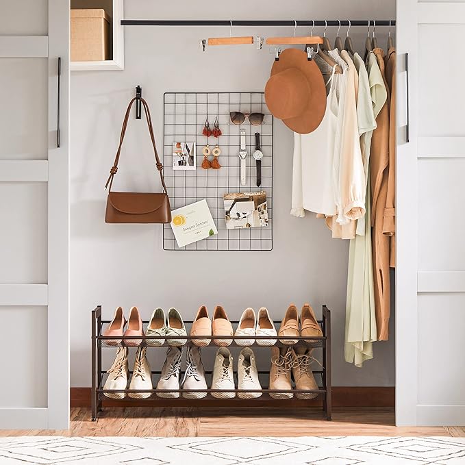 SONGMICS Shoe Rack, 2-Tier Shoe Organizer, Metal Shoe Storage for Garage, Stackable Shoe Shelf, with Adjustable Flat or Angled Shelves, 8-10 Pairs, Bronze ULMR02A