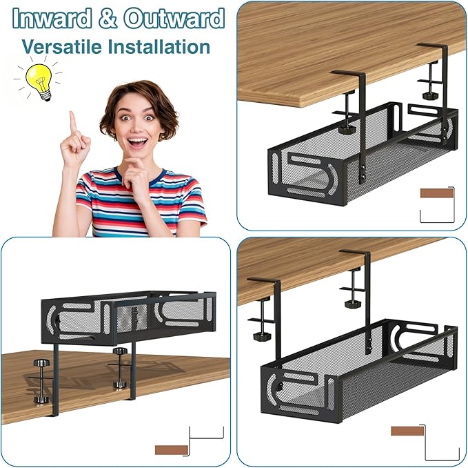 No Drill Under Desk Cable Management Tray, SONATURE 15.7" Cord Organizer for Table, Clamp Mount Desk Cable Management, Premium Carbon Steel Cable Organizer for Office, Home (Black)