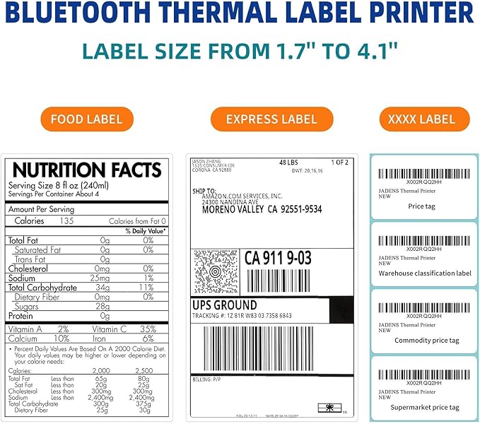 JADENS Bluetooth Thermal Shipping Label Printer - High Speed 4x6 Wireless Label Maker Machine, Support PC, Phone, USB for MAC, Compatible with Ebay, Amazon, Shopify, Etsy, USPS Barcode, Mailing