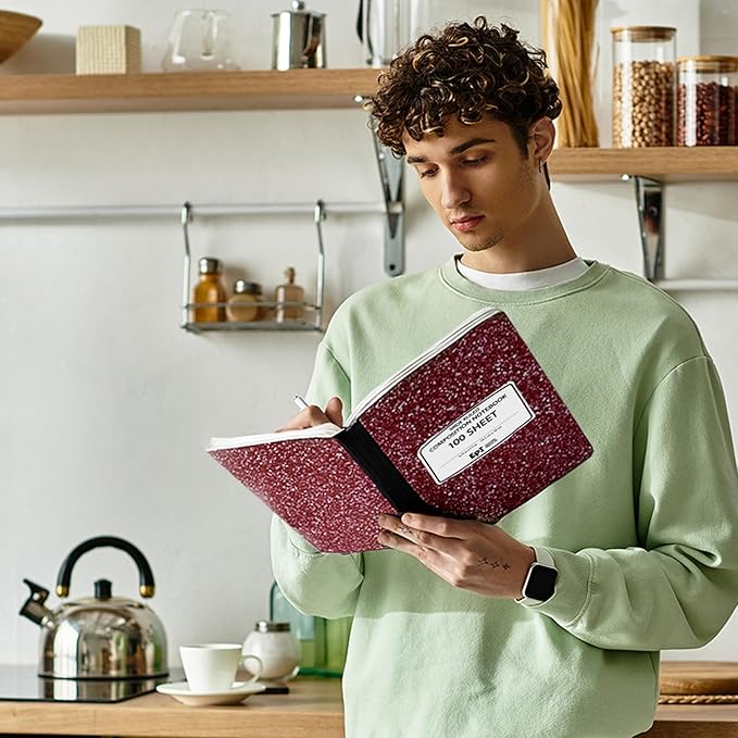 EPI 48 Pack - Red Marble Composition Notebook - Wide Ruled 200 Page Note Book - 9.75 x 7.5 Inch Hardcover Journal with Sewn Binding for Secure Pages - Classroom Back To School Supplies