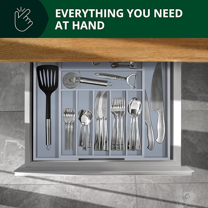 ROYAL CRAFT WOOD Luxury Bamboo Kitchen Drawer Organizer - Silverware Organizer - Utensil Holder and Cutlery Tray with Grooved Drawer Dividers for Flatware and Kitchen Utensils (9 Slot, Gray)