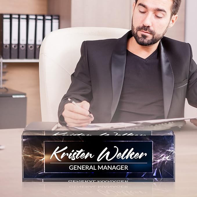 Personalized Desk Name Plate, Custom Acrylic Glass Name Plates for Desks, Office Desk Decor Nameplate, Desk Accessories, Teacher Boss Coworkers Employee Appreciation Gift (Modern Deep Blue)