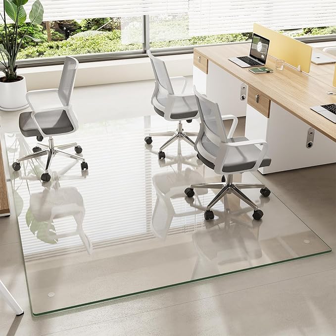 Tempered Glass Chair Mat for Carpet & Hard Floor, 60"x80" Office Chair Mat - Heavy Duty & Scratch Resistant, Non-Slip Pads, Rounded Corners & Polished Edges