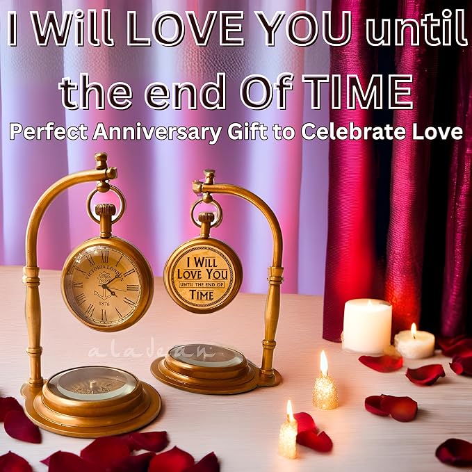 ALADEAN Brass Table Clock with Compass | Romantic Desk Clock - Decorative Vintage Mechanical Clock Lovers Boyfriend/Husband Birthday/Wedding Gifts (Love You)