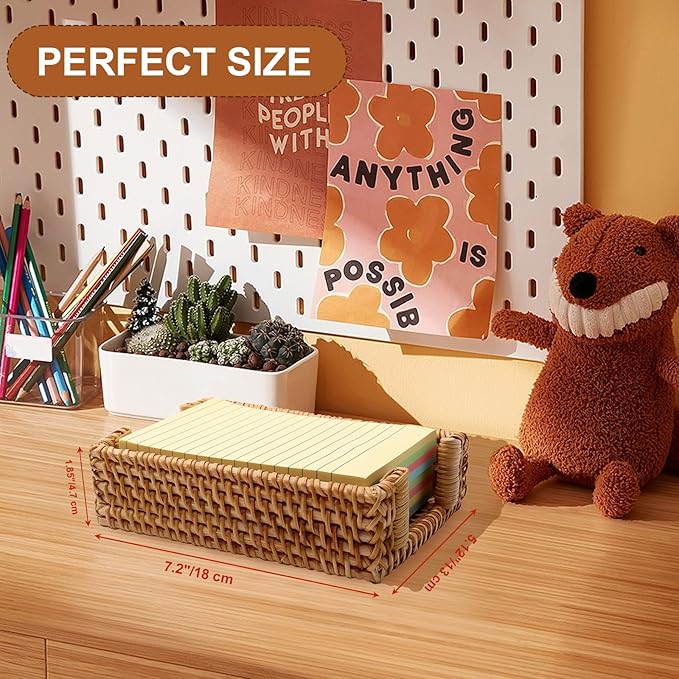 4 x 6 Inch Sticky Note Holder,Rattan Post It Note Dispenser,Wicker Sticky Note Dispenser,Farmhouse Style Post It Holder for Home Office Desk Decor,Honey Brown