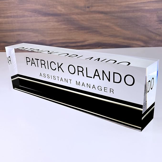 Artblox Office Desk Name Plate Personalized | Custom Name Plates for Desks on Acrylic Glass Decor | Office Desk Decor Nameplate | Desk Accessories | Black Stripe - (8" x 2.5")