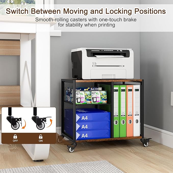 Under Desk Printer Stand - 3 Tier Rolling Printer Cart with Adjustable Shelves & Lockable Wheels, Heavy-Duty Standing Desk Storage Rack for Home, Office, Rustic Brown