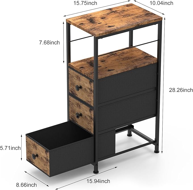 YBING Narrow Dresser for Bedroom, Dresser with 3 Fabric Drawers, Slim Bedside Table with Open Storage Shelf, Small Side Table for Small Spaces, Brown
