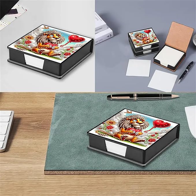 Lion Diamond Painting Note Box Memo Pad Holder,Animal Diamond Art Sticky Notes Organizer for Desk, Aesthetic Stationery Storage Case for Office,School Supplies (Lion)