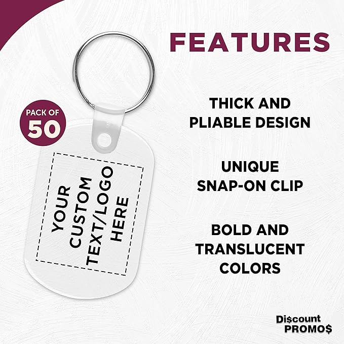 DISCOUNT PROMOS Tag Soft Plastic Keychains - 50 pack - Customizable Text, Logo - Small Key Tag Chain For Staying Organized - Rubber Key Ring Keychain – Clear