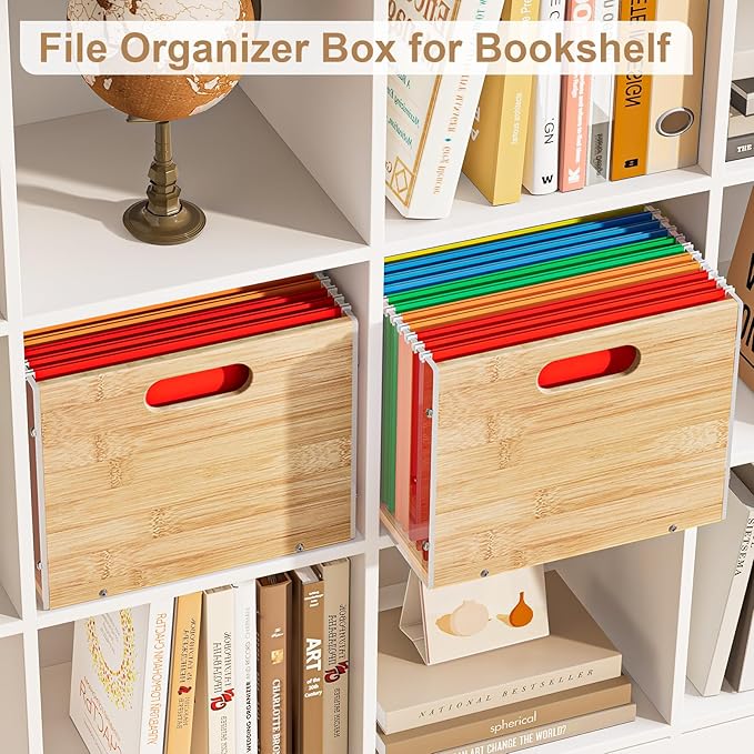 2 Pack Hanging File Organizer, Clear Acrylic File Box Organizer, Bamboo Filing Box File Crate Storage Boxes, Portable Filing Organizer with Handle for Letter Size