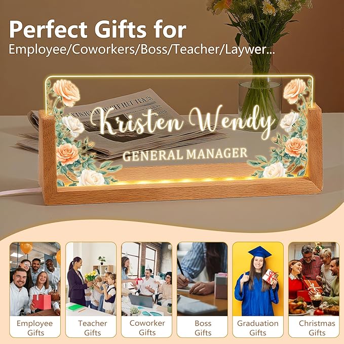 Ships Next Day, Custom Name Plate for Desk - Business Light Up Acrylic Desk Name Plate Personalized Elegant Office Gift for Boss Coworker Teacher Employee Appreciation Gift, Office Decor for Women Men