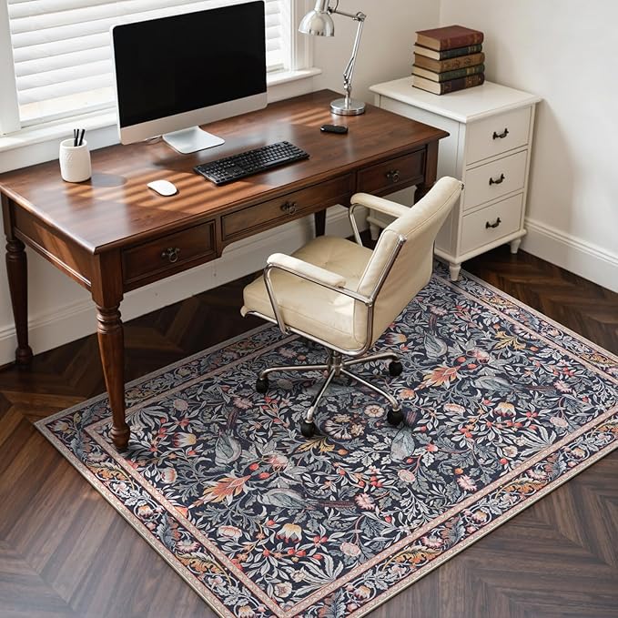Anidaroel 48"x60" Office Chair Mat for Hardwood Floor/Tile, Vintage Desk Chair Mat for Hardwood, Anti-Slip Floral Bird Rug for Office, Low Plie Floor Protector for Rolling Chairs, Taupe