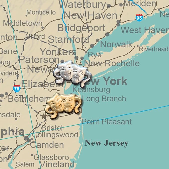 Comedy and Tragedy Masks Push Pins - Gold Theater Mask Map Pins for Cork Boards, Maps, or Lapel Use - Designed in USA - Set of 10