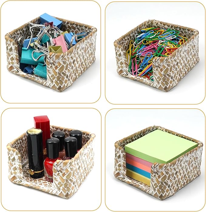 Sticky Note Holder Seagrass Post It Note Dispenser, 3 x 3 Inch Woven Sticky Note Dispenser, Farmhouse Post It Holder for Desk Home Office Decor, Whitewash