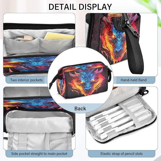Dragon Fire Pencil Case Pouch Big Capacity Pencil Bag Box Organizer Pen Case with Handle Stationery Organizer for Girls Boys Women Kids Adults School