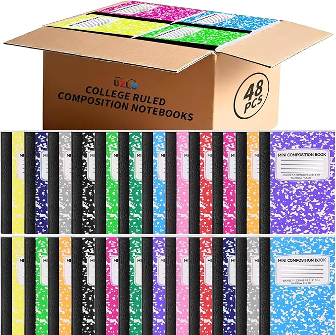 UZLU 48 Pack Mini Composition Notebooks Bulk College Ruled Half Composition Notebook Narrow Ruled Small Pocket Marble Journal 12 Color-4.5" x 3.25"-60 Sheets for Students Office School Supplies