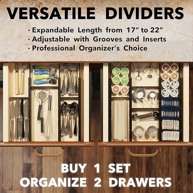 SpaceAid Bamboo Drawer Dividers with Inserts and Labels, Kitchen Adjustable Drawer Organizers, Expandable Organization for Home, Office, Dressers, 7 Dividers with 15 Inserts (17"-22" Black)
