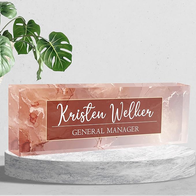 Personalized Name Plates for Desk, Premium Clear Acrylic Desk Name Plate, Custom Name Plate Office Decor for Women, Employee Appreciation Gifts (Pink Marble)