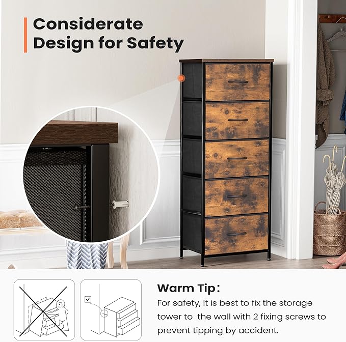 Crestlive Products Vertical Dresser Storage Tower - Sturdy Steel Frame, Wood Top, Easy Pull Fabric Bins - Organizer Unit for Bedroom, Hallway, Entryway, Closets - 5 Drawers(Rustic Brown)