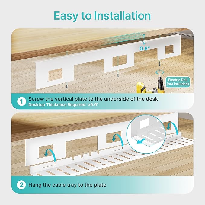 Under Desk Cable Management Tray, 31.5 Inches Metal Cord Organizer Rack, Desk Tray for Power Strip, Cord, Wire, Easy Mounting Cable Management Under Table for Home Office, White