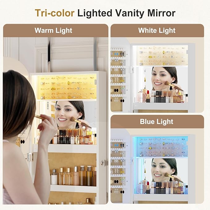 HNEBC LED Mirror Jewelry Cabinet,Wall or Door Mounted Jewelry Armoire Organizer with Lights,Lockable Wide Wavy Mirror with Storage,42.5" L Full Length Mirror with Jewelry Storage,Interior Mirror