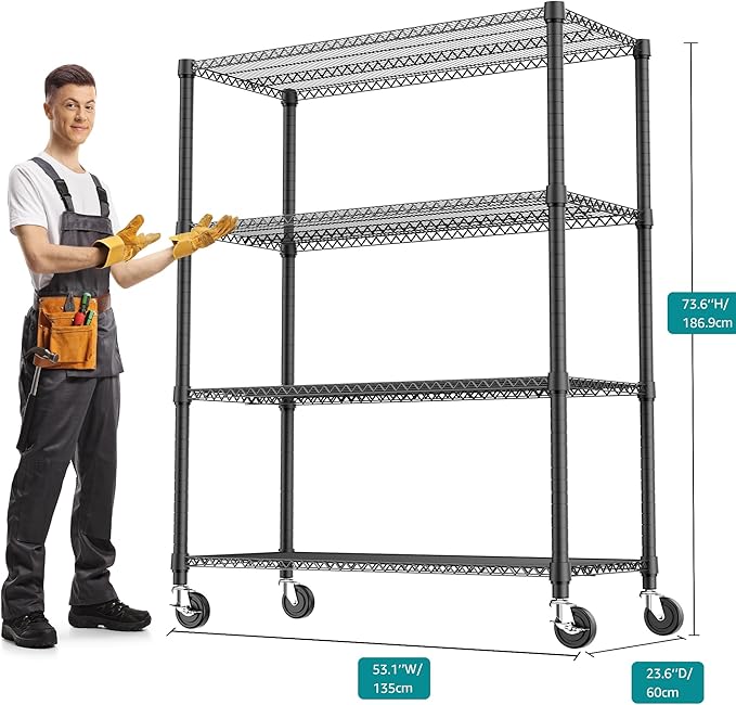 4 Tiers Shelf 2640 lbs Steel Storage Shelving Utility Shelving Unit Steel Organizer Wire Rack for Home,Kitchen,Office,Garage Black 23.6" D x 53.1" W x 73.6" H