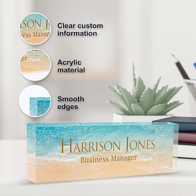 Personalized Name Plate for Desk, Custom Desk Name Plate, Acrylic Name Plate Office Desk Accessories, Personalized Office Gifts for Coworkers Teachers, Employee Appreciation Gifts (B-Beach)