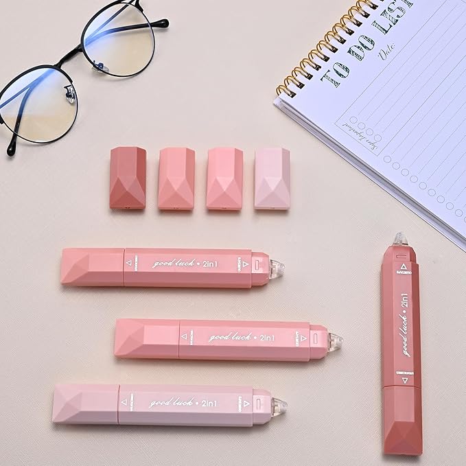 Temiary 4 Pcs 2 in 1 White Correction Tape and Double Sided Roller Set, Aesthetic Smooth Pull Out Tapes with Adhesive Glue Tape Roller Runner for School Office Supplies (Pink)