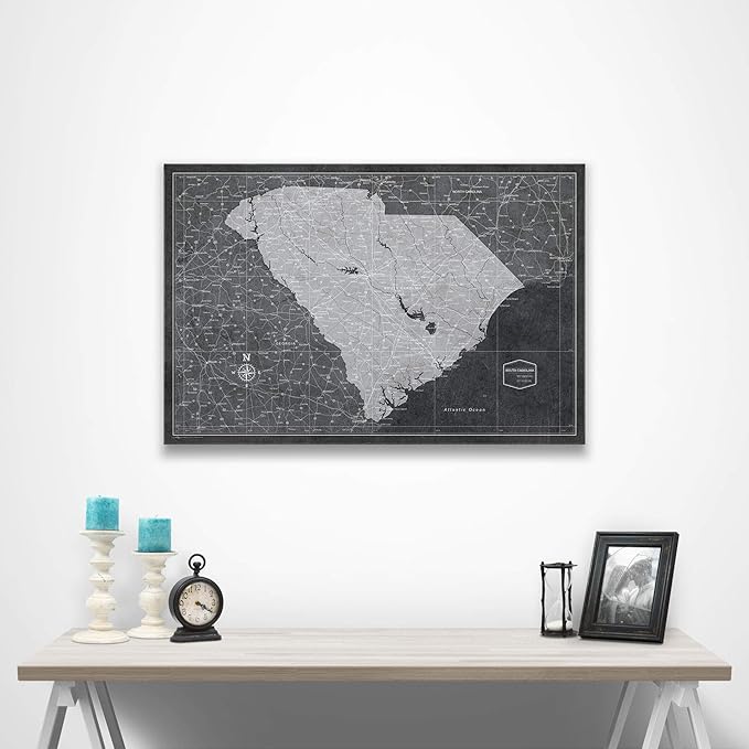 Conquest Maps Push Pin South Carolina Map Board - With Push Pins to Mark South Carolina Travels - Handmade in Ohio, USA - Design: Modern Slate