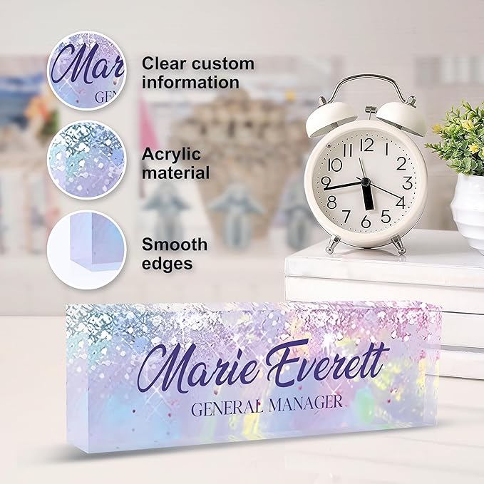 Custom Name Plate for Desk | Personalized Desk Name Plate | Personalized Boss Employee Appreciation Gifts | Acrylic Name Plate Office Desk Accessories (A-Colorful Purple Crystal)