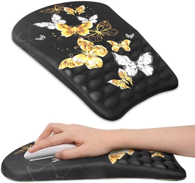 Ergonomic Wrist Mouse Pad with Massage Design, Wrist Rest Pain Relief Mousepad with Memory Foam Non-Slip PU Base, Mouse Pad with Wrist Support for Wireless Mouse & Desk, Y Butterfly B