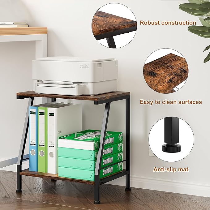 Under Desk Printer Stand with Storage, 2 Tier Small Printer Table with Shelf, Desktop Organizer for Home Office Kitchen, Rustic Brown